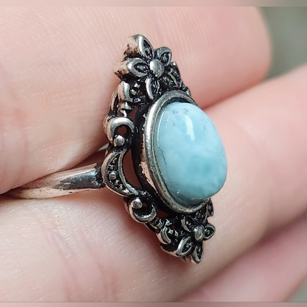 Genuine Blue Larimar Vintage Style Adjustable Crystal Ring - Picture 3 of 6